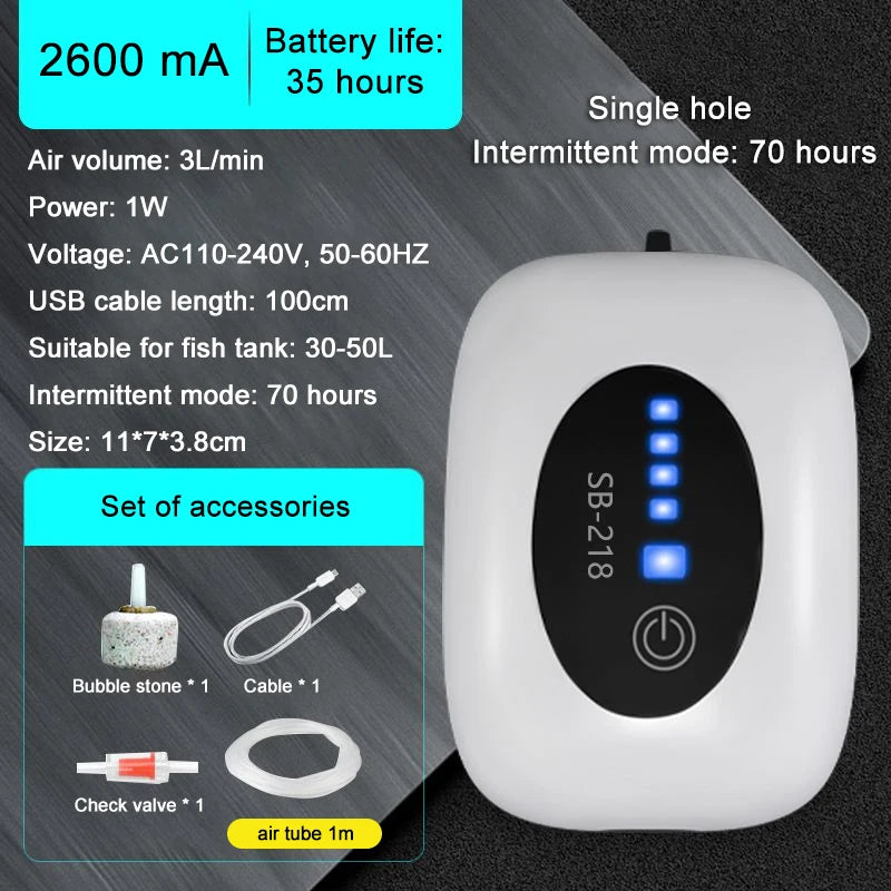 SOBO Aquarium  Oxygen Air Pump Compressor, Charging Silent USB with Battery Portable Fishing Oxygenator 6000mA