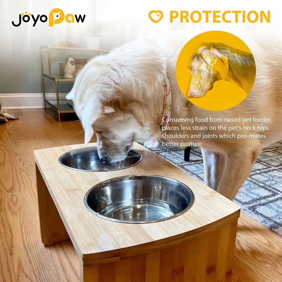 Bamboo Raised Bowls for Large & Medium Dogs with 2 Stainless Steel Bowls 10 Tall, 48 oz Bowls
