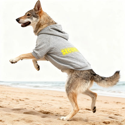 Pet Hoodie for Medium To Large Dogs | Classic Gray with Yellow SECURITY Print, Fleece-Lined for Warmth and Breathability