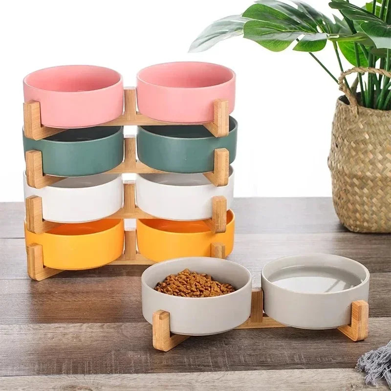 Ceramic Pet Bowl  With Wood Stand. No Spill Pet Double Bowl For Dogs & Cats Food & Water Feeder. Cats & Small Dogs