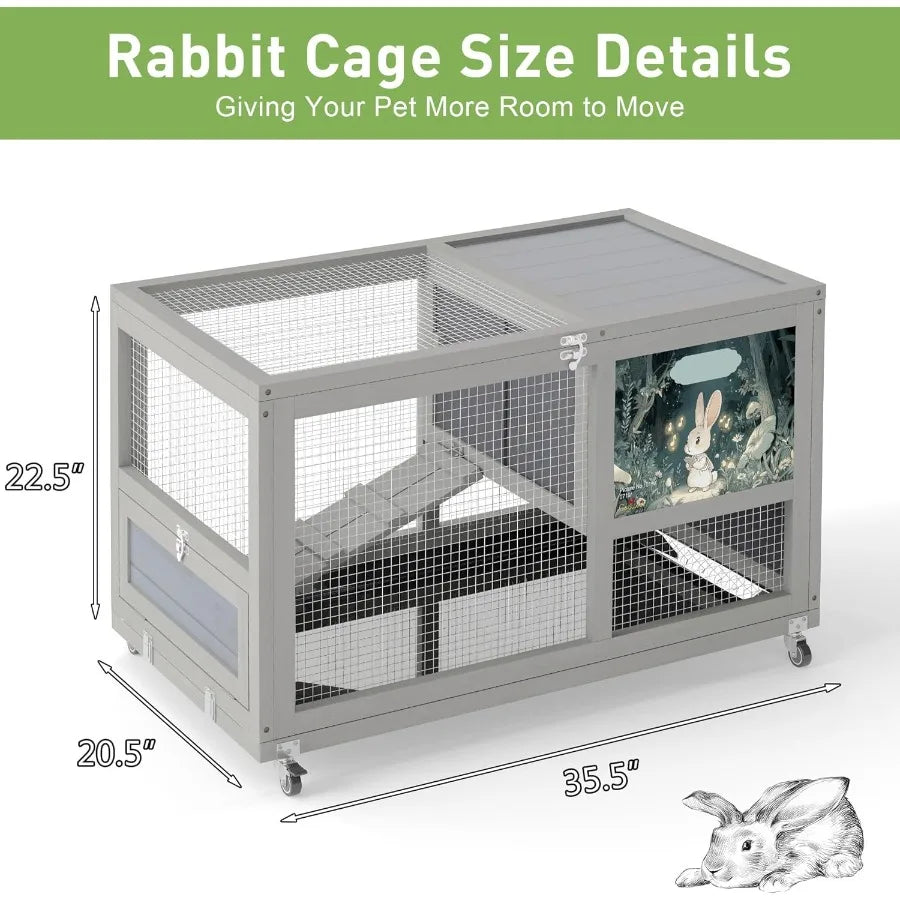 Fashionable Wood 36" Rabbit Hutch Indoor/Outdoor, on Wheels Bunny/Rabbit Cage with Clean Tray. Openable Roof