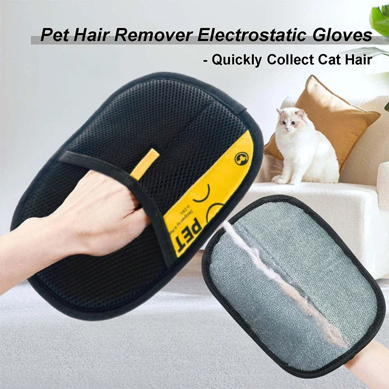 Pet Hair Remover Gloves. Electrostatic for Cats & Dogs, Reusable Washable Grooming Glove with 2-in-1 Lint Roller Brush - Safe Non-Toxic