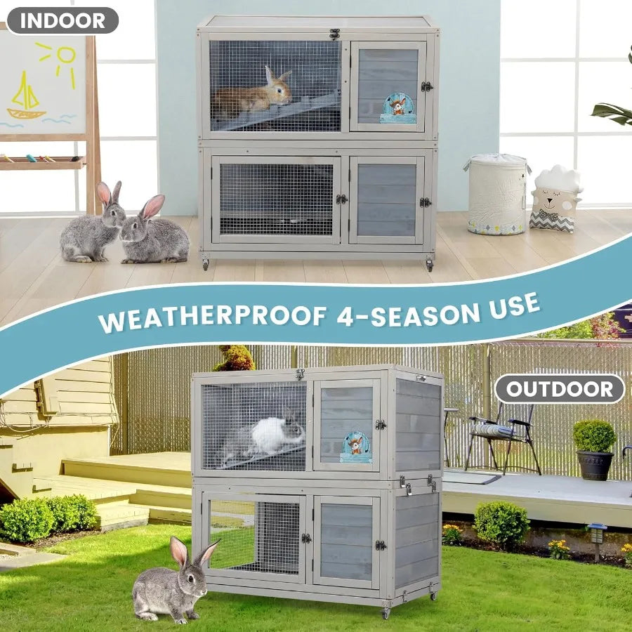 Weatherproof Wooden Rabbit Hutch for Indoor/ Outdoor Use with Two Stories. Portable Pet House with Wheels Easy-to-Clean & Pull-Out