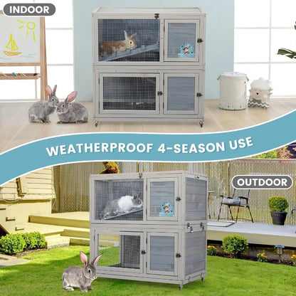 Weatherproof Wooden Rabbit Hutch for Indoor/ Outdoor Use with Two Stories. Portable Pet House with Wheels Easy-to-Clean & Pull-Out