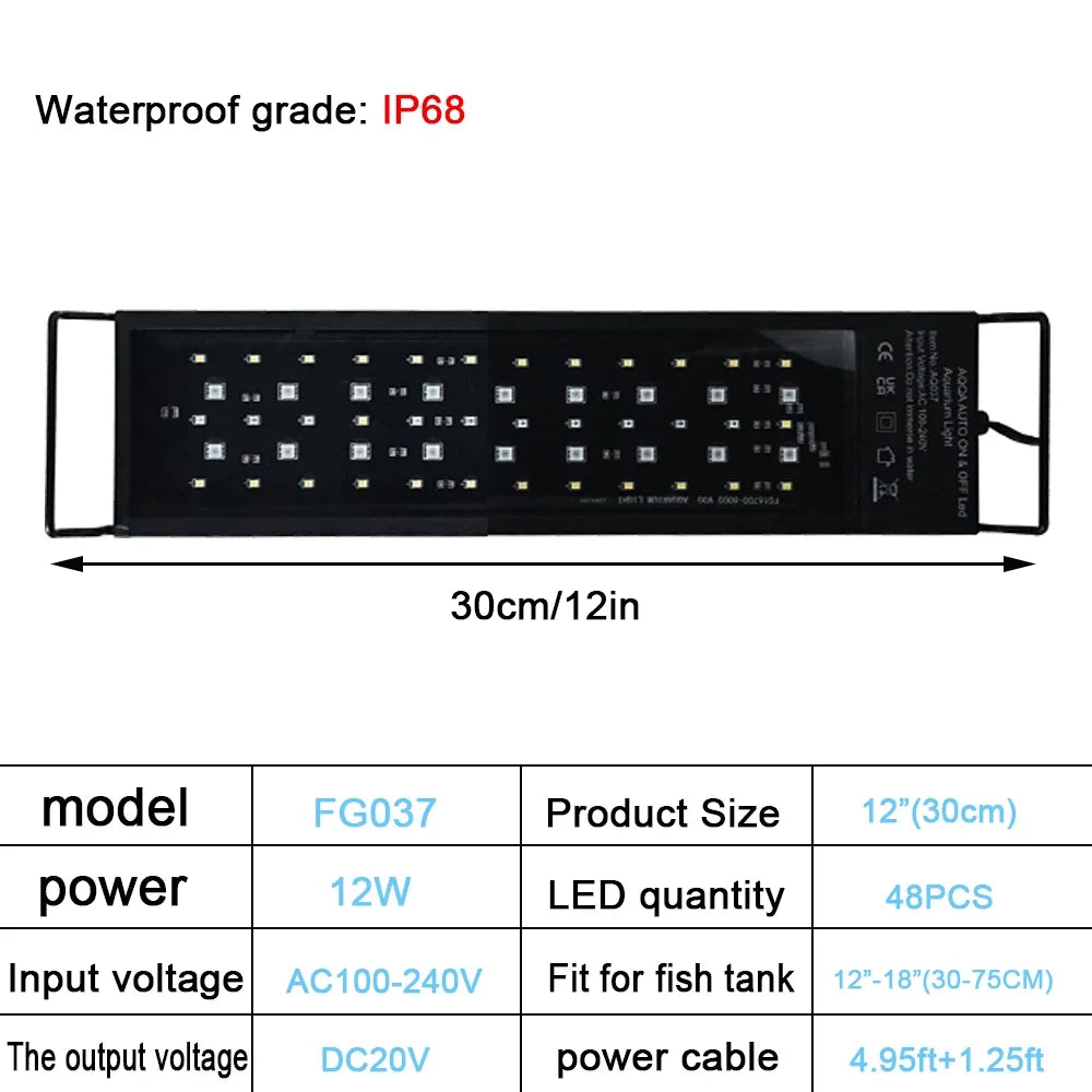 30-60cm Fish Tank 24/7 Full Spectrum Lighting. LED Light Aquarium Aquatic Plant Growth Lamp IP68 Waterproof 100V-240V