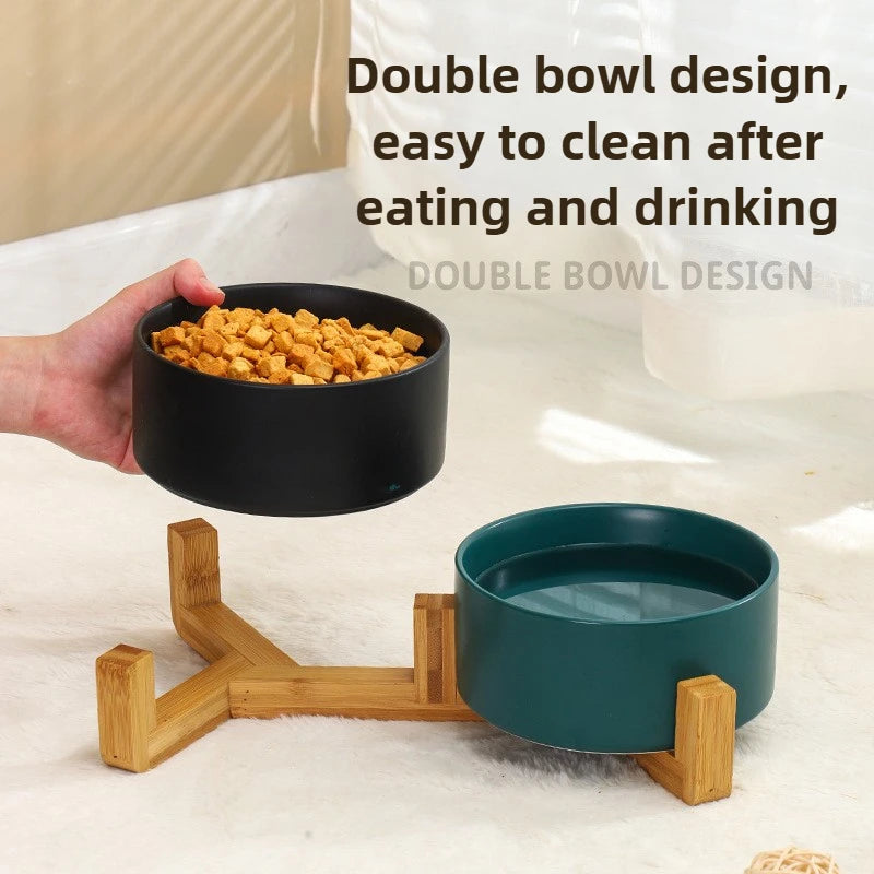 Ceramic Pet Bowl  With Wood Stand. No Spill Pet Double Bowl For Dogs & Cats Food & Water Feeder. Cats & Small Dogs