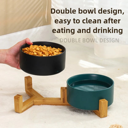 Ceramic Pet Bowl  With Wood Stand. No Spill Pet Double Bowl For Dogs & Cats Food & Water Feeder. Cats & Small Dogs