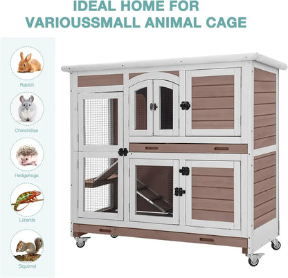 Rabbit Hutch, Indoor.  Guinea Pig Cage with Sliding Plastic Trays, Wheels & Ramp, Multi-Door, Wooden. Small Animal Cage