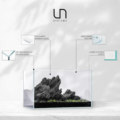 UNS Ultra Clear Rimless Fish Tank with 45 Mitered Edge and Leveling Mat Included 3.4GAL 13L Capacity 17.71x6.69x6.69 in 45x17x1