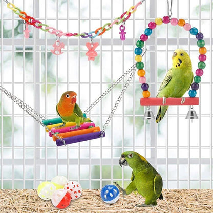 Bird Toys. 11pcs Parrot Set Bird Cage Accessories with Swing Ladder, Chewing Beads, Bell Toys. Interactive Toys with Wooden Beads