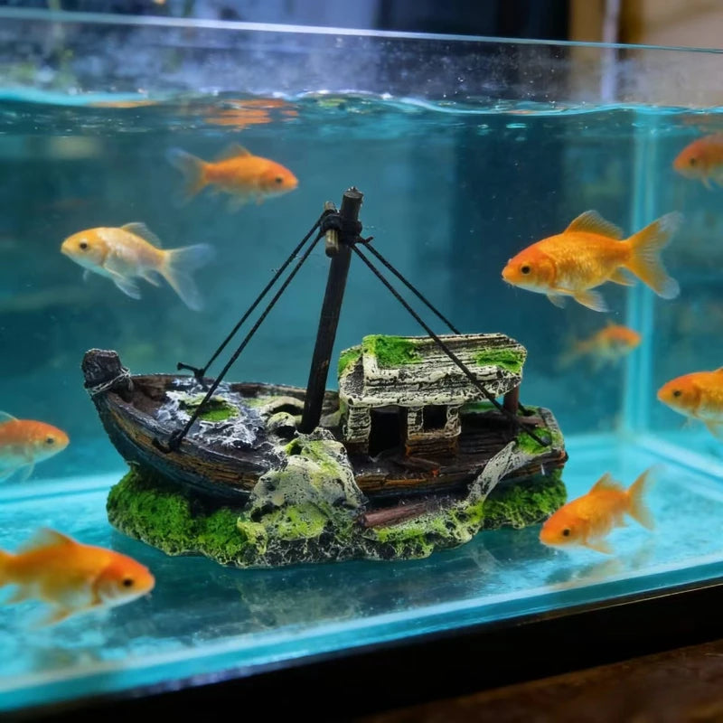 Aquarium Fish Tank Landscape. Wreck Ship Decor, Resin Boat Ornament, Mini Retro Boat Statues