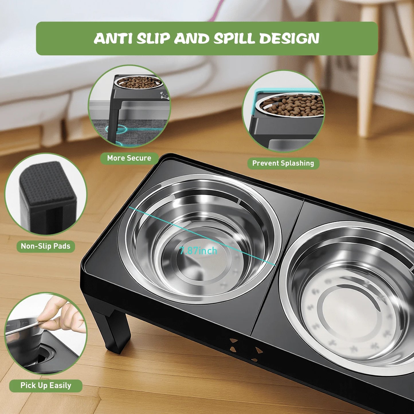 Elevated Dog Bowls - 5 Heights, Adjustable.  2 Stainless Steel Bowls for Small ,Medium & Large Dogs or Cats