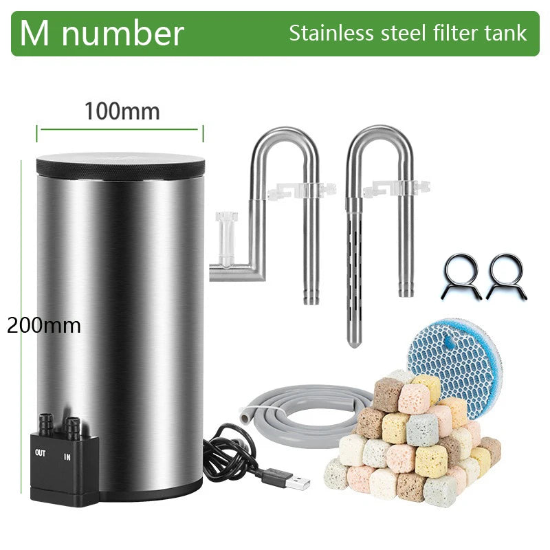 Aquarium Filter Barrel. Silent, Desktop. Built in Water Pump Filter. USB Powered Fish Tank. Stainless Steel Filter Barrel