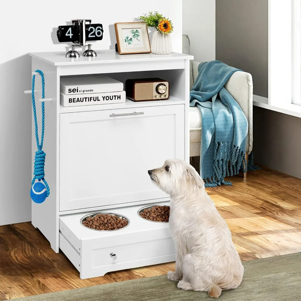 Pet Feeder Station, Dog Food Storage Container with Double Pull Out Dog Bowls, Pet Food & Toy Cabinet,