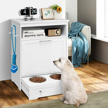 Pet Feeder Station, Dog Food Storage Container with Double Pull Out Dog Bowls, Pet Food & Toy Cabinet,