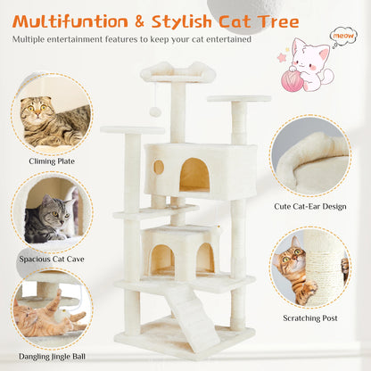 54in Tall Multi-Level Cat Tree Tower for Indoors. Pet Furniture Stable Kitty Play House with Sisal Scratching Post.