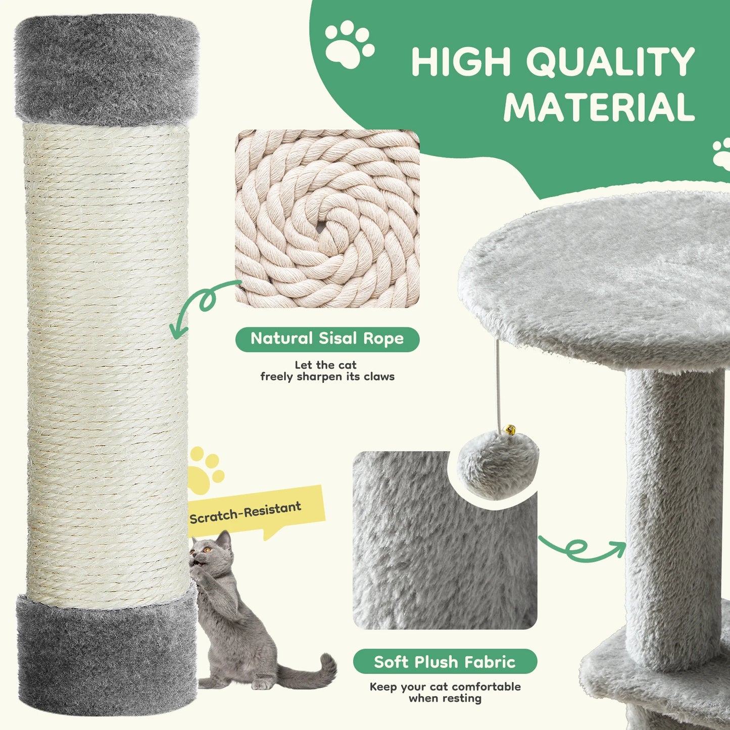 44In Cat Tree, Tall, Multi-Cat Climbing Tower. Natural Sisal Scratching Posts. Stable Pet House for Indoor Cats