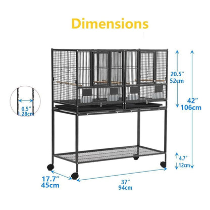 Breeding Flight Bird Cage with Detachable Rolling Stand. Breeder Cage with Perches, Food Boxes, Slide-Out Tray and Storage Shelf.Can be used for other caged animals