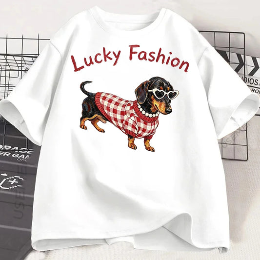 Dog Graphic T Shirt.  Women Dachshund Print Tee. Casual Summer Short Sleeve Fashion. Cute Top for Women