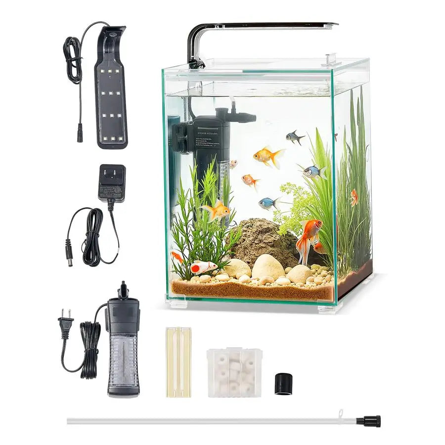Fish Tank Aquarium, 5 Gallon Square UltraClear Glass Starter Smart Tank Adjustable 3 Color Lighting, Self Cleaning System Fishbowl