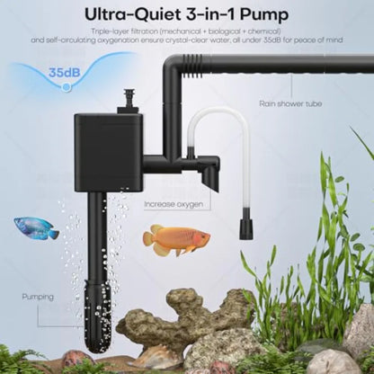 Compact Desktop Fish Tank. Smart Aquarium Kit with 2.5Gal Auto Humidifying Feature. Intelligent Mist Spray System. Ultra Quiet, Silent.