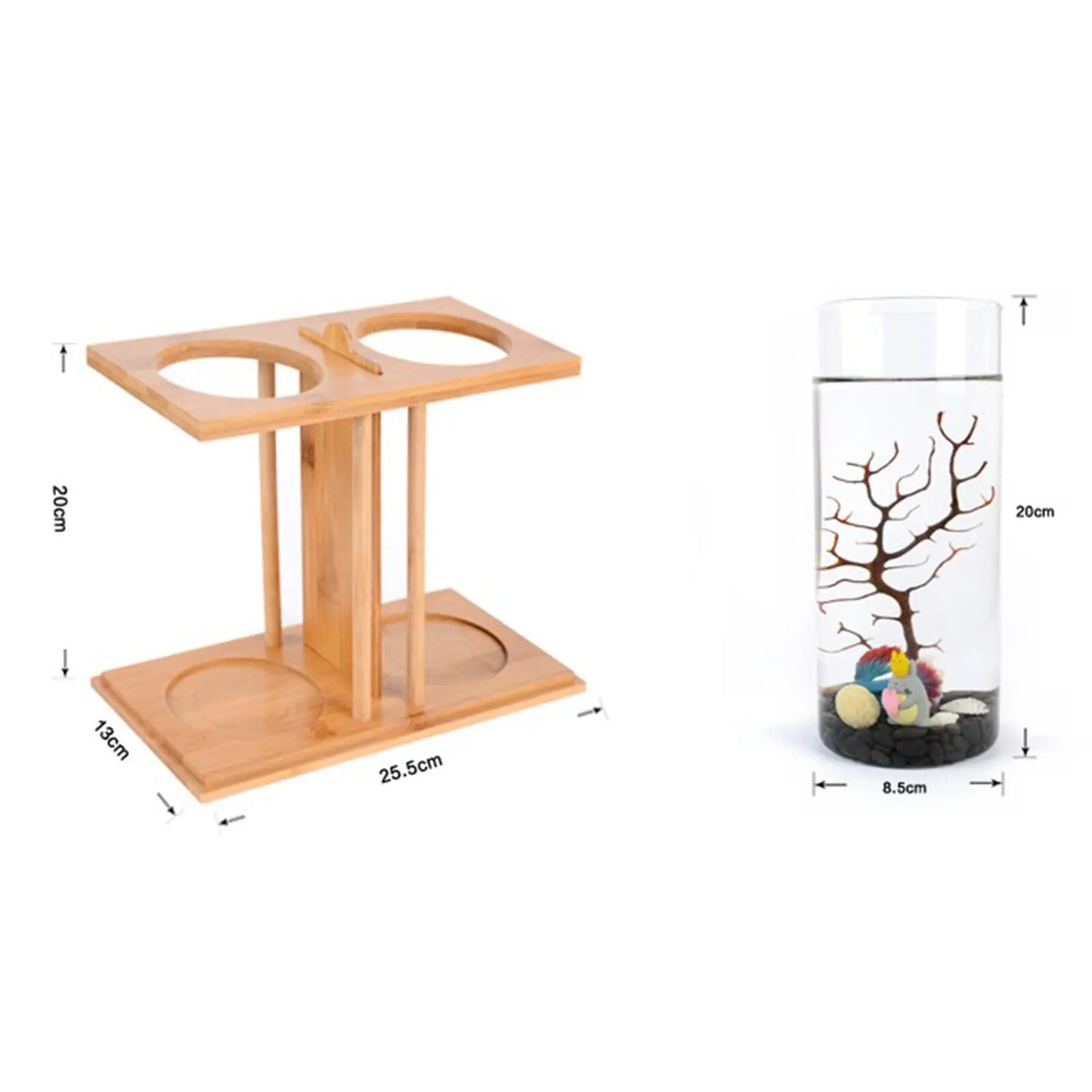 Glass Betta Fish Tank with LED Light. Bamboo Base ,Mini Aquarium Set for Desktop Home Office Decoration 2 Tanks