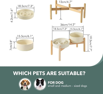 Ceramic Raised Slow Feeder Dog Bowl Set with Wooden Stand for Medium and Small Dogs, Anti-Gulping Design in Beige