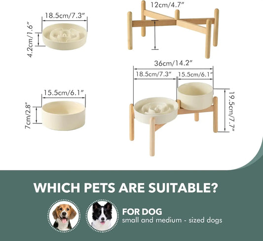 Ceramic Raised Slow Feeder Dog Bowl Set with Wooden Stand for Medium and Small Dogs, Anti-Gulping Design in Beige
