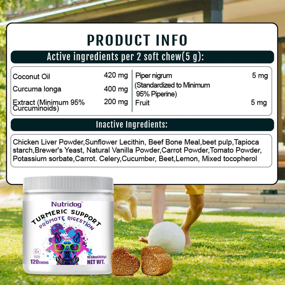 Turmeric Chews For Dog - Anti-inflammatory joint care. Contains glucosamine & chondroitin - Digestive support-120 soft chews