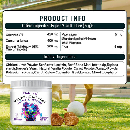 Turmeric Chews For Dog - Anti-inflammatory joint care. Contains glucosamine & chondroitin - Digestive support-120 soft chews