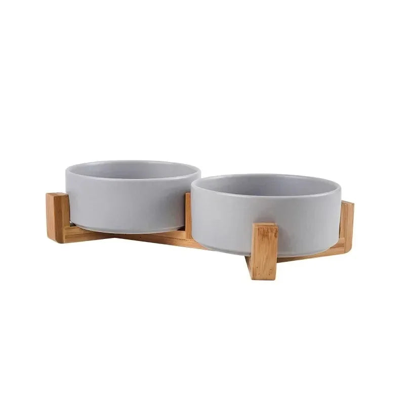 Ceramic Pet Bowl  With Wood Stand. No Spill Pet Double Bowl For Dogs & Cats Food & Water Feeder. Cats & Small Dogs