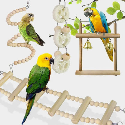 8PC Set. Combination Parrot Bird Toys. Wood Articles Bite Pet Bird Toys. For Parrot Training, Bird Toy Swing, Ball and Bell.