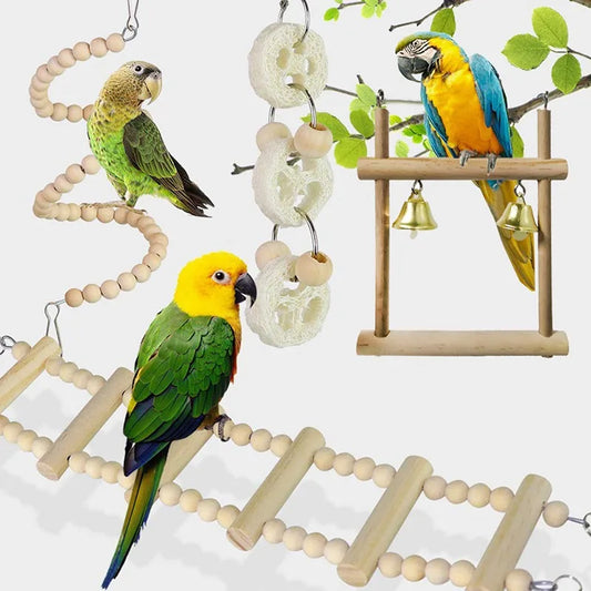 8PC Set. Combination Parrot Bird Toys. Wood Articles Bite Pet Bird Toys. For Parrot Training, Bird Toy Swing, Ball and Bell.