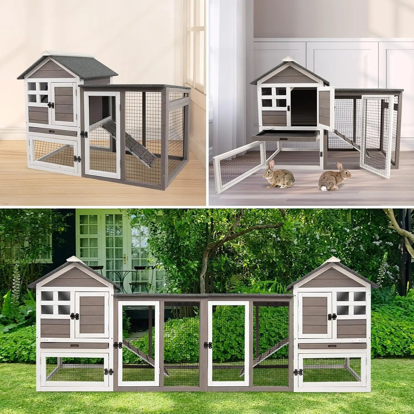 Rabbit Hutch, 2-Story Bunny Cage. Indoor/Outdoor with Pull Out Tray, Waterproof Roof and Anti-Slip Ramp, Wooden Chicken Coop for Outdoor