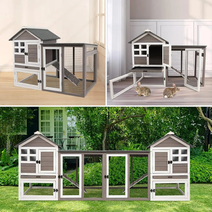 Rabbit Hutch, 2-Story Bunny Cage. Indoor/Outdoor with Pull Out Tray, Waterproof Roof and Anti-Slip Ramp, Wooden Chicken Coop for Outdoor