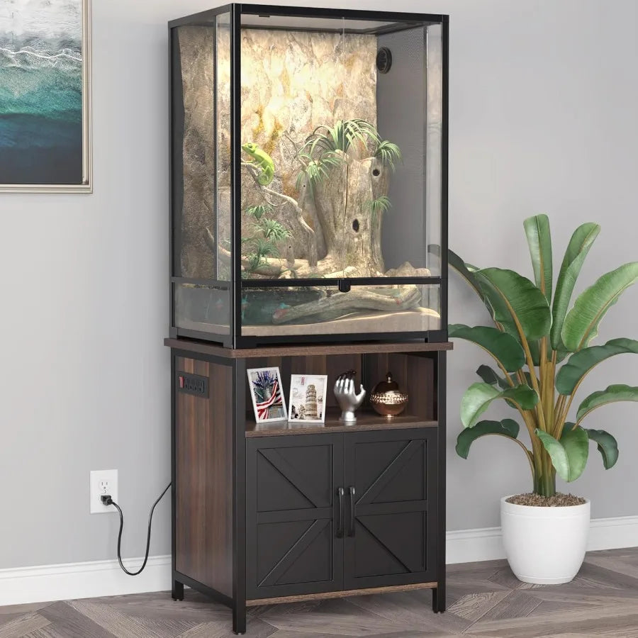 Terrarium Stand with Integrated Accessories. Storage and Built-in Power Outlets Designed for 24W x 18D Reptile Terrarium