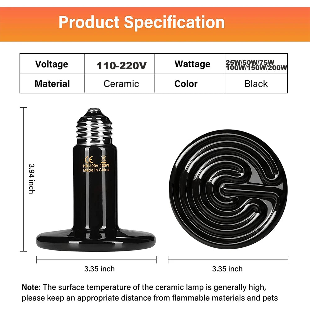 3PCS Reptiles Far Infrared Heating Bulb. 220V/110V 25W 50W 75W 100W E27, Black Ceramic Heat Lamp for Turtle, Snake,  Chameleon