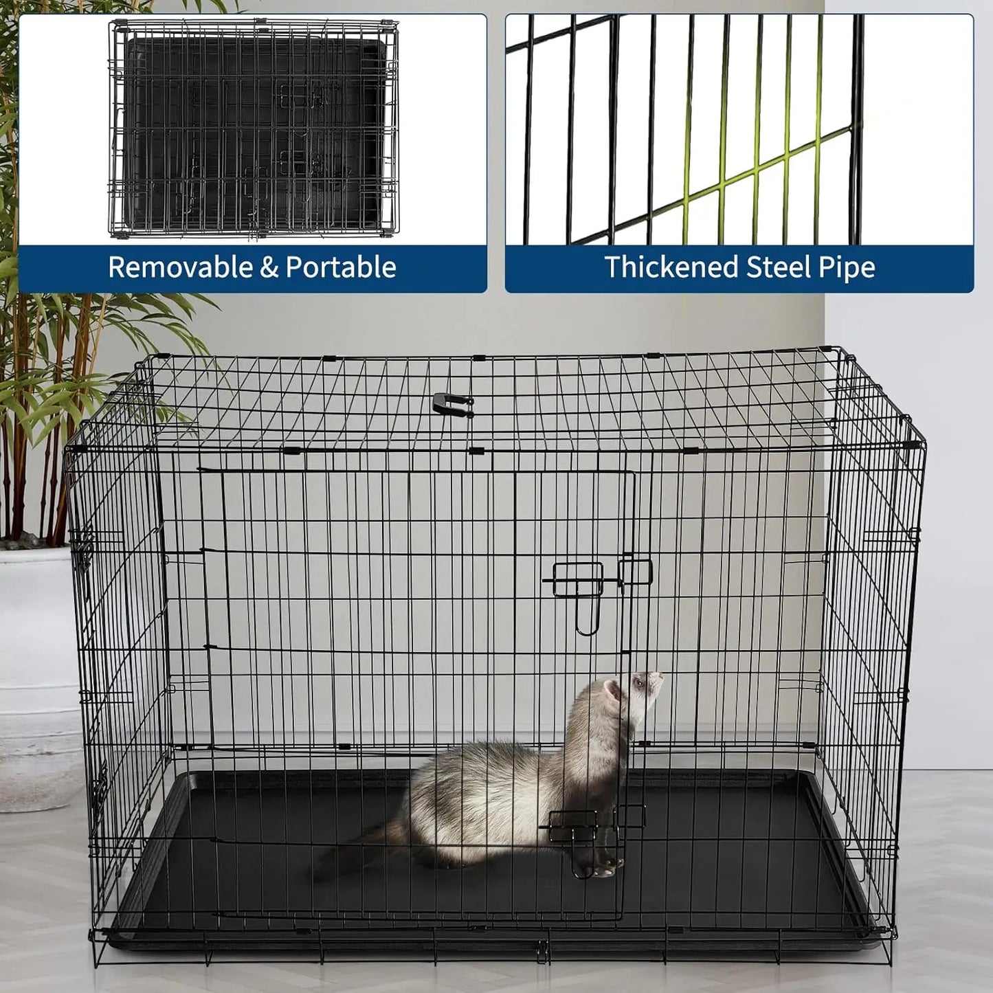 24/48 Inch Rabbit Cage, Portable, Folding Small Crate. Rabbit Carriers with Slide Out Tray & 2 Doors for Bunny, Ferret, Chinchilla & Rat
