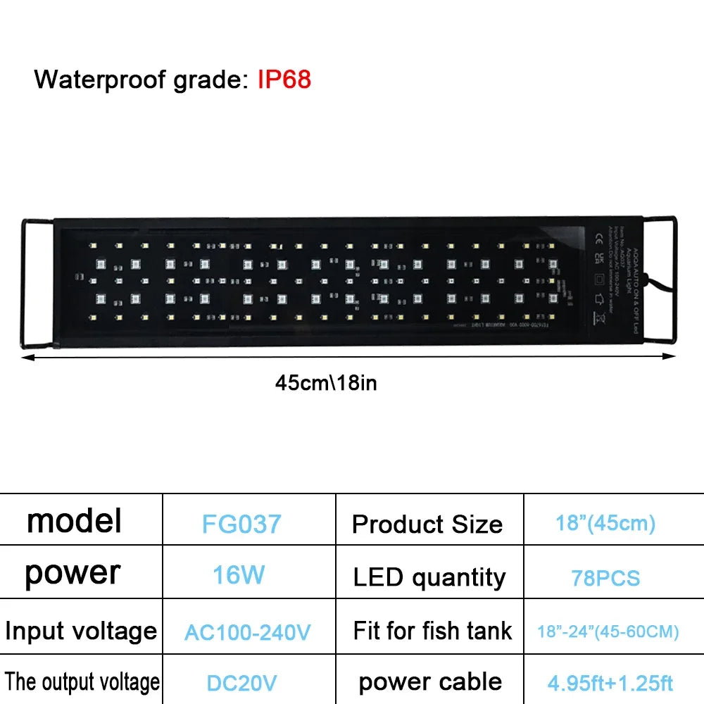 30-60cm Fish Tank 24/7 Full Spectrum Lighting. LED Light Aquarium Aquatic Plant Growth Lamp IP68 Waterproof 100V-240V