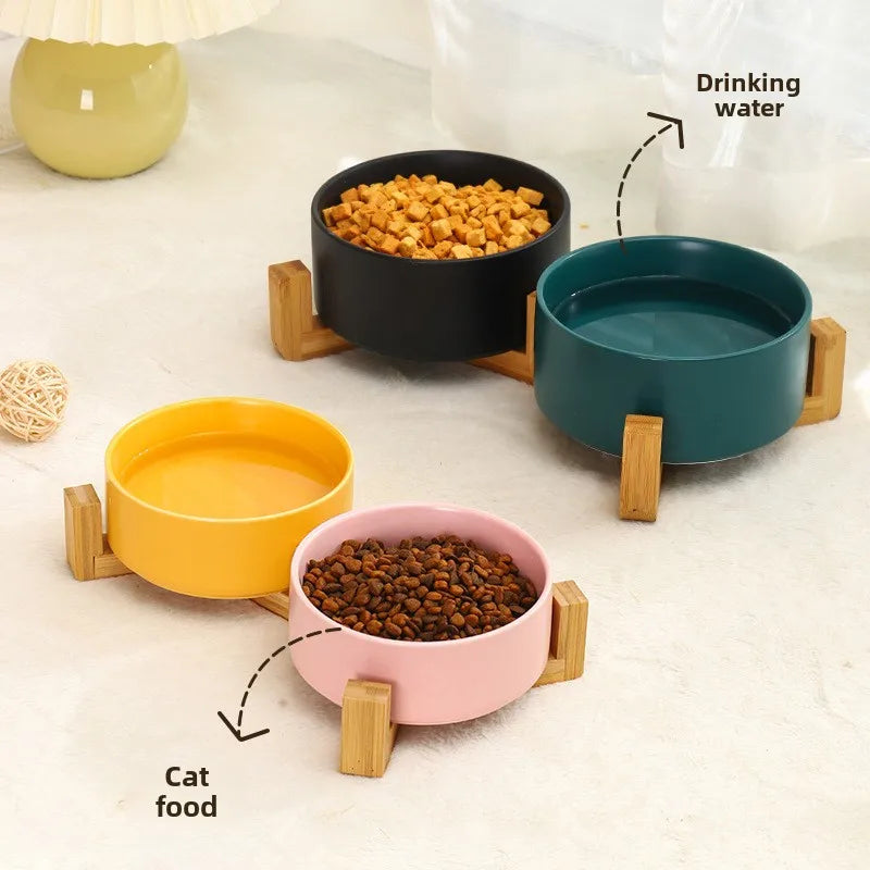 Ceramic Pet Bowl  With Wood Stand. No Spill Pet Double Bowl For Dogs & Cats Food & Water Feeder. Cats & Small Dogs