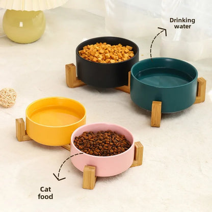 Ceramic Pet Bowl  With Wood Stand. No Spill Pet Double Bowl For Dogs & Cats Food & Water Feeder. Cats & Small Dogs