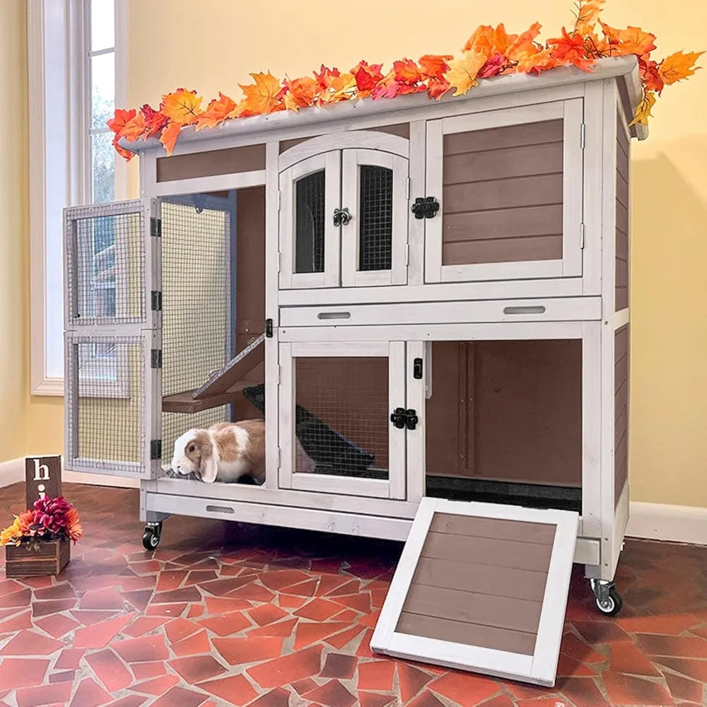 Rabbit Hutch, Indoor.  Guinea Pig Cage with Sliding Plastic Trays, Wheels & Ramp, Multi-Door, Wooden. Small Animal Cage