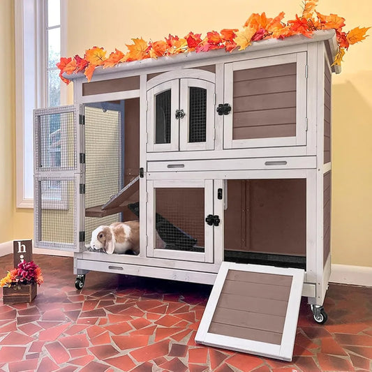 Rabbit Hutch, Indoor.  Guinea Pig Cage with Sliding Plastic Trays, Wheels & Ramp, Multi-Door, Wooden. Small Animal Cage