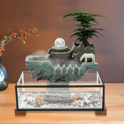Clear Tabletop Eco Fish Tank Water Fountains, Rectangular Indoor Water Fall Decor for Meditation with Mist for Good Luck Wealth