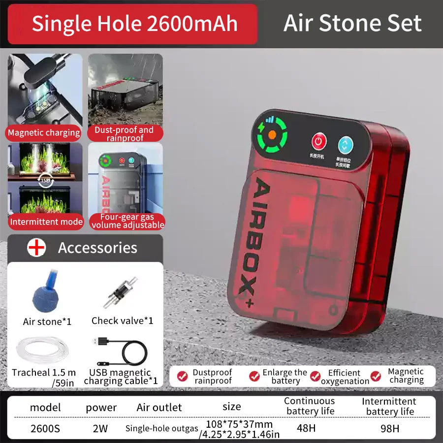 Aquarium Air Pump. Small Oxygen Pump, Lithium Battery, Magnetic Charging. Household, Outdoor. Waterproof & Portable. Silent