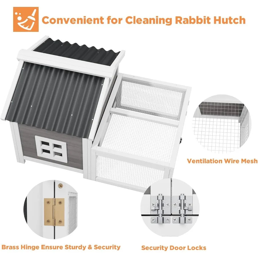 Small Rabbit Cage. Indoor Rabbit Hutch with Run, Wooden. 2-Zone Design. Waterproof Roof