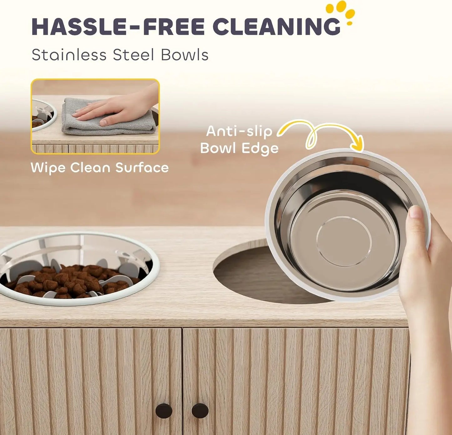 Elevated Dog Bowls with Storage Cabinet, Pet Feeding Station with Slow Feeder & Non-Slip, For Large Pets