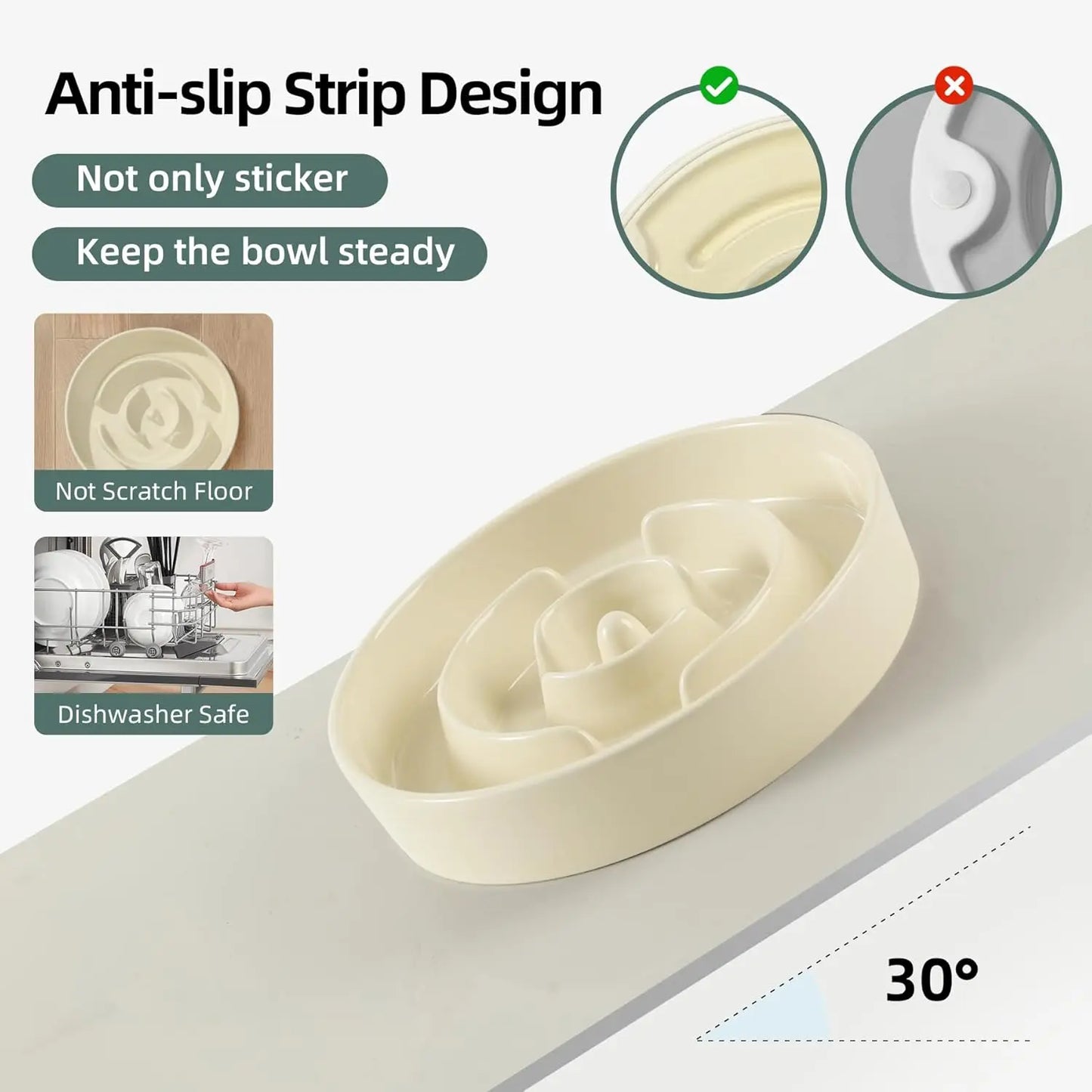 Ceramic Raised Slow Feeder Dog Bowl Set with Wooden Stand for Medium and Small Dogs, Anti-Gulping Design in Beige