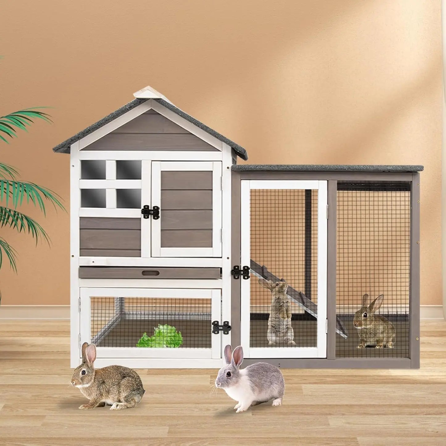 Rabbit Hutch, 2-Story Bunny Cage. Indoor/Outdoor with Pull Out Tray, Waterproof Roof and Anti-Slip Ramp, Wooden Chicken Coop for Outdoor