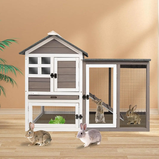 Rabbit Hutch, 2-Story Bunny Cage. Indoor/Outdoor with Pull Out Tray, Waterproof Roof and Anti-Slip Ramp, Wooden Chicken Coop for Outdoor